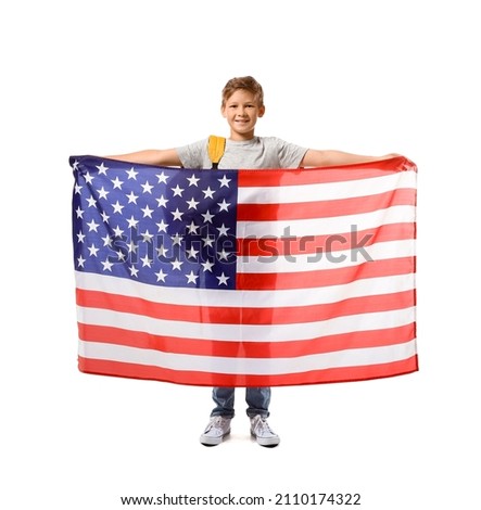Pupil of language school with USA flag on white background
