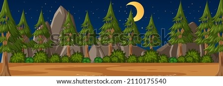 Forest horizontal scene at night with many pine trees background illustration