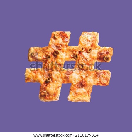 Minimal concept, microblogging and tagging topic. Unique pizza made in the shape of a hashtag against a very peri background. Flat lay arrangement.