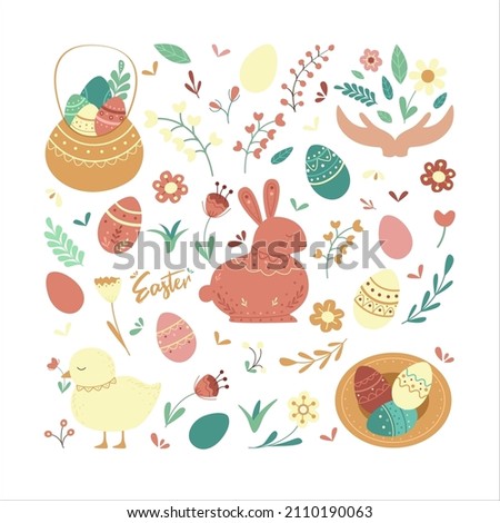 Happy Easter greeting card, bright cute print with inscription, eggs, flowers, plants, leaves and twigs, set of easter items