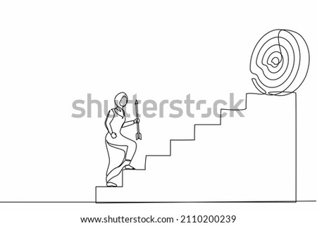 Single continuous line drawing Arabian businesswoman holding arrow running up stairway to high target. Business growth, path to success. Career path. One line draw graphic design vector illustration
