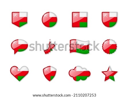 Oman - set of shiny flags of different shapes. Vector illustration