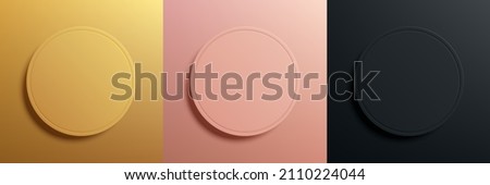 Set of gold, rose gold and black frame design. Abstract 3D circle pedestal or podium for cosmetic product. Collection of luxury geometric background with copy space. Top of view. Vector illustration. Royalty-Free Stock Photo #2110224044