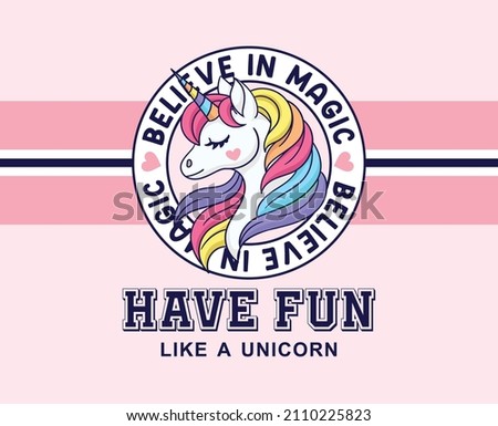 believe in magic, unicorn girls graphic tees vector designs and other uses Royalty-Free Stock Photo #2110225823