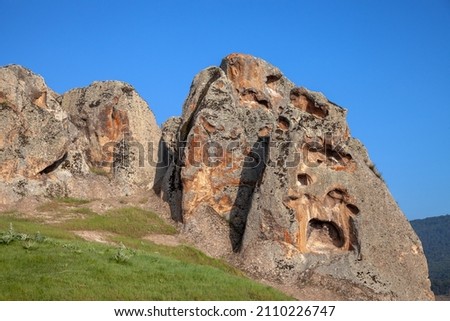 View of the rock formations and ancient rock tombs of the Phrygian valley,Eskisehir province