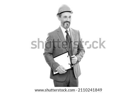 entrepreneur with project. ceo with construction documents. mature boss with clipboard.