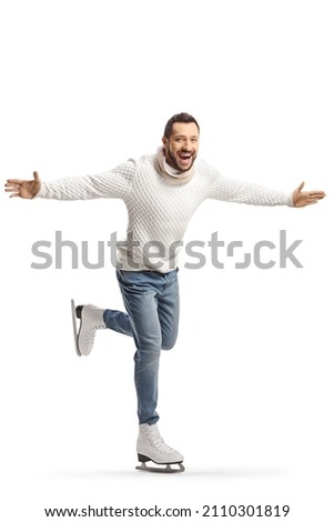 Casual young man ice skating and spreading arms isolated on white background