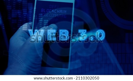 Web 3.0 Typography. Design with "Web 3.0" text projected onto the background. Virtual communication concept representing the future of the Internet in web 3. Blockchain, Dao, Edge computing, meta. Royalty-Free Stock Photo #2110302050