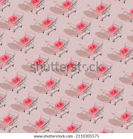 Pastel pink Valentine shopping pattern made with cart and rose. Minimal modern concept.