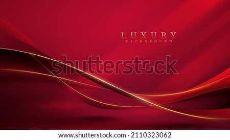 Golden curve line on red luxury background with glitter light effects decoration.