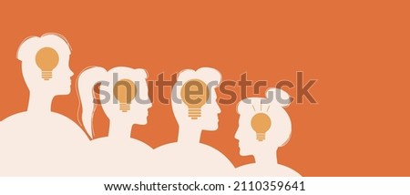 People brainstorming, copy space template. Silhouette vector stock illustration isolated. Idea symbol incandescent light bulb isolated. Backdrop with place for text. Teamwork concept for design