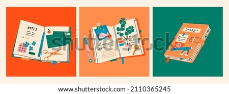 Notebooks, Organizers for to do lists, personal plans, goals. Diary with stick notes, bookmarks, envelope, pencil, pen. Set of three isolated Hand drawn modern Vector illustrations Royalty-Free Stock Photo #2110365245
