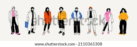 Street fashion look. Young men and women dressed in stylish trendy oversized clothing. Models standing in various poses. Korean japanese asian cartoon style. Hand drawn Vector isolated illustrations Royalty-Free Stock Photo #2110365308