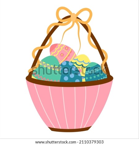 easter basket with colored eggs, vector isolated on a white background.