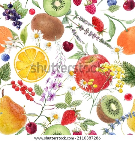 Beautiful seamless pattern with hand drawn watercolor tasty summer pear apple grape cherry plum fruits. Stock illustration.