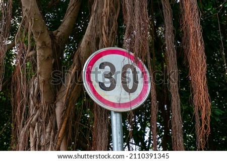 30kmh speed limit sign and dense tree background.Thirty mile per hour street sign.road sign.