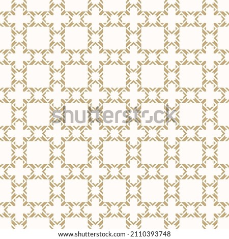 Vector ornamental seamless pattern. Golden elegant geometric ornament texture with carved grid, mesh, net, lattice. Abstract gold and white background. Ethnic motif. Luxury repeat design for decor Royalty-Free Stock Photo #2110393748