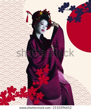 Artwork. Young japanese woman as geisha isolated on absract colorful background. Japanese style, contemporary art collage, Beautiful female model. Eastern culture. Beauty, fashion, art