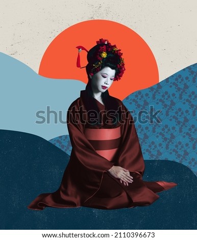 Modesty. Artwork. Young japanese woman as geisha isolated on absract colorful background. Japanese style, contemporary art collage, Beautiful female model like historical character, old-fashioned.