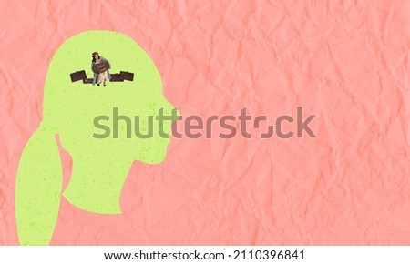 Burden of personal problems, thoughts. Contemporary artcollage. Tired young woman inside of giant drawn head on pink background. Concept of mental health, inner world, personality, emotions.