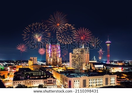 Cityscape of San Antonio (Texas, USA) with fireworks