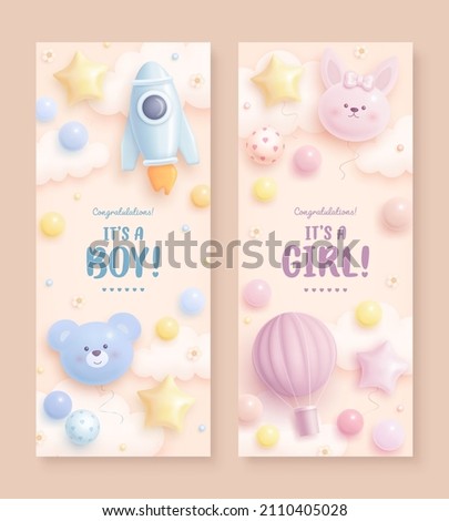 Set of baby shower vertical banner with cartoon rocket and hot air balloon on blue and pink background. It's a boy. It's a girl. Vector illustration Royalty-Free Stock Photo #2110405028