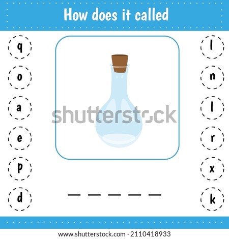 Add missed letters. For preschool kids education. Worksheets with lettes. Flask