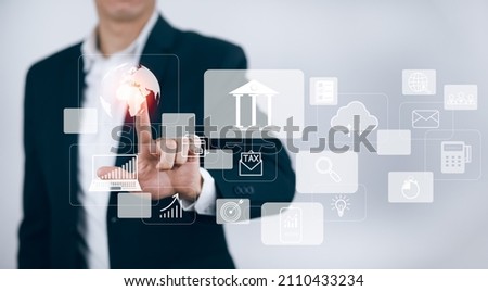 Businessman touchscreen on the graph Screen Icon of a media screen, Technology Process System Business with Communication and marketing concept, Team success, HR Human, Business success,Big data