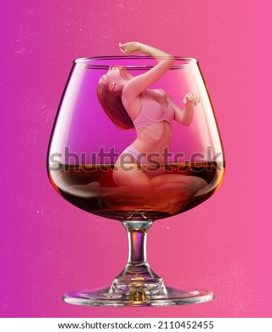 Dreams, fantasy. Young slim girl into cognac glass isolated on pink background. Surrealism. Copy space for ad, text. Modern design. Conceptual, contemporary art collage. Party time, fun mood.