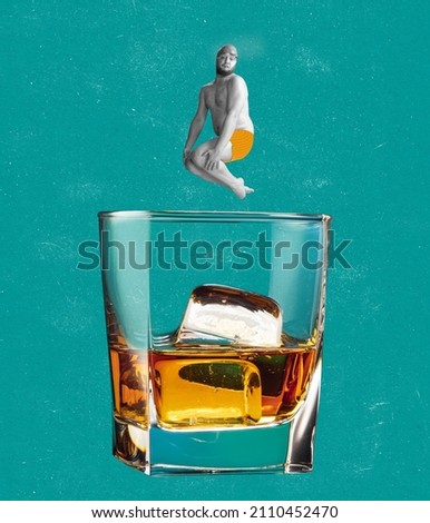 Whiskey on the rocks. Funny man jumping into glass of whiskey isolated over blue background in neon. Concept of alcohol, holidays, pub, nightlife, tasting. Contemporary creative art collage, Royalty-Free Stock Photo #2110452470