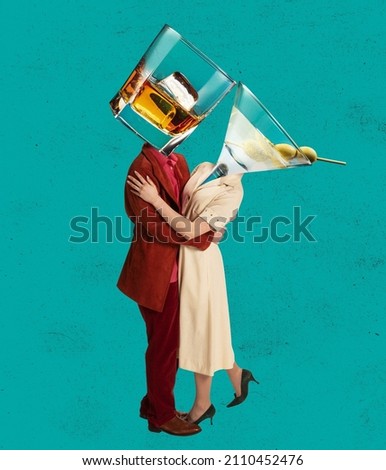 Social dances at alcohol party. Contemporary art collage of dancing man and woman in retro styled clothes headed by martini and whiskey glases. Concept of art, music, fashion, party, creativity
