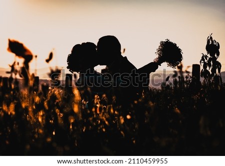 just married couple kissing at sunset silhouettes