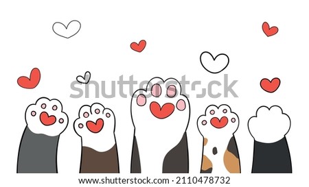 Draw vector illustration design paw animals cat dog with heart for valentine Doodle cartoon style