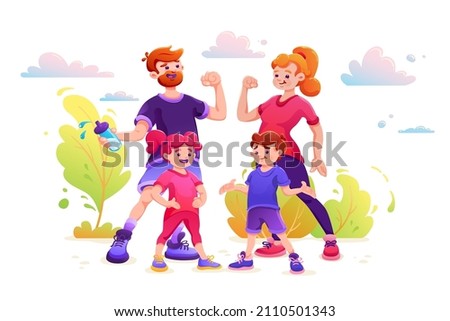 Happy healthy fitness family. Sports activity concept. Friendly family leads healthy lifestyle. People in cartoon style. Flat vector illustration on isolated white background.