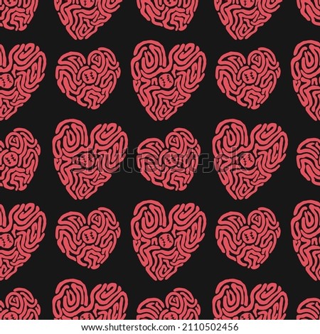 Vector seamless pattern with baseball hearts on a black background. Decorative background for textiles, wrapping paper. 