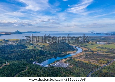 Aerial view of lake Taupo in New Zealand Royalty-Free Stock Photo #2110523369
