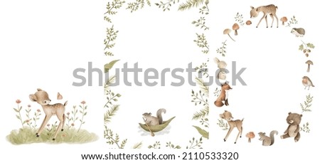 Woodland Animals watercolor forest illustration baby template