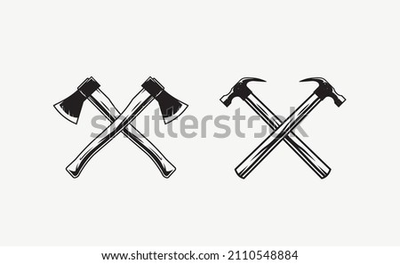 Crossed axes logo. Crossed hammers logo. Textured vintage tools vector illustration  Royalty-Free Stock Photo #2110548884
