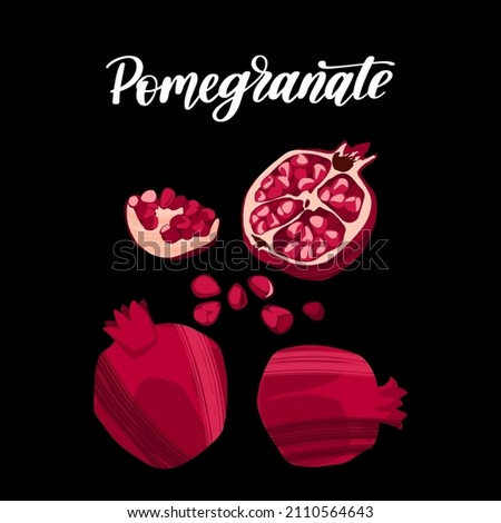 Fresh delicious pomegranate whole and cut. Healthy nutrition product. Vector hand drawn flat isolated illustration with dry brush texture and hand written lettering for your design. Royalty-Free Stock Photo #2110564643