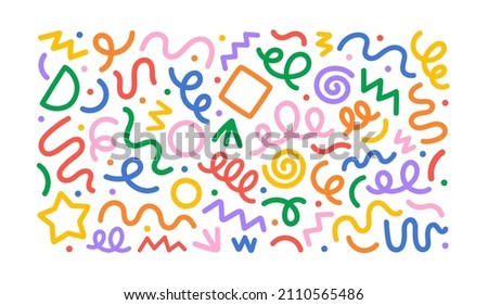 Fun colorful line doodle shape set. Creative minimalist style art symbol collection for children or party celebration with basic shapes. Simple upbeat childish drawing scribble decoration. Royalty-Free Stock Photo #2110565486