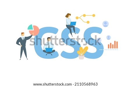 CSS, Cascading Style Sheets. Concept with keyword, people and icons. Flat vector illustration. Isolated on white. Royalty-Free Stock Photo #2110568963