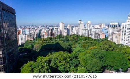 Preservation area on Av Paulista, São Paulo. Trianon Park. Trees and buildings.  Royalty-Free Stock Photo #2110577615
