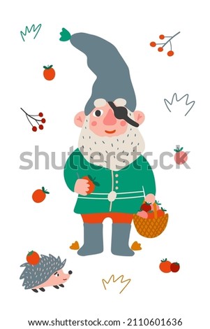 Little garden one-eyed gnome with beard. Cute elf holiday gnome with hat, eye patch and apples. Flat cartoon vector illustration. Children's illustration for a postcard, print for a T-shirt. Royalty-Free Stock Photo #2110601636