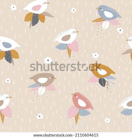 Seamless pattern with birds and leaves. Cute girlish print. Vector hand drawn illustration.