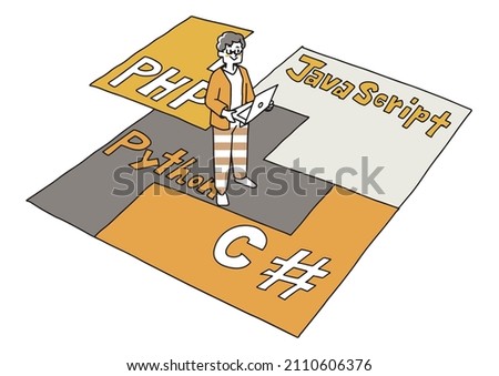  Programmer working on web development php, python, javascript, c # comical handwritten person vector, simple coloring on line drawing