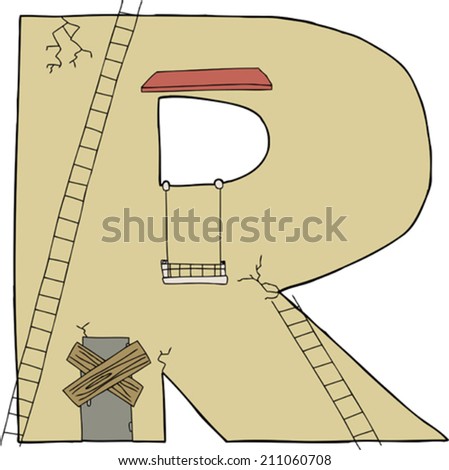 Isolated cartoon of letter R as damaged building