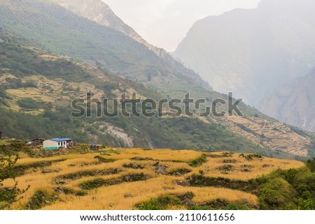 View of the mountain valley in the manaslu region