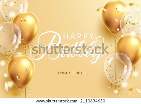 Birthday greeting vector design. Happy birthday text in golden background with gold balloons and confetti elements for elegant birth day celebration decoration. Vector illustration.
