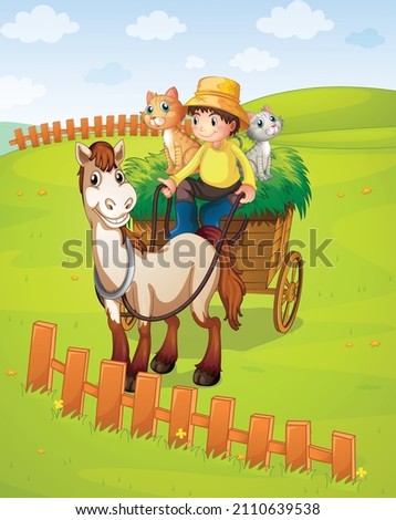 A boy riding horse cart with cats on the meadow illustration