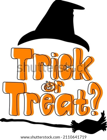 Trick or treat word logo with witch hat and broomstick illustration